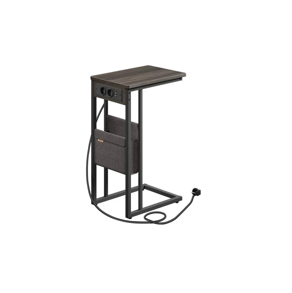 Table d’appoint en forme de c 2 ports usb et prises noir boisé