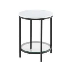 Table d’appoint ronde à 2 niveaux blanc marbré et noir