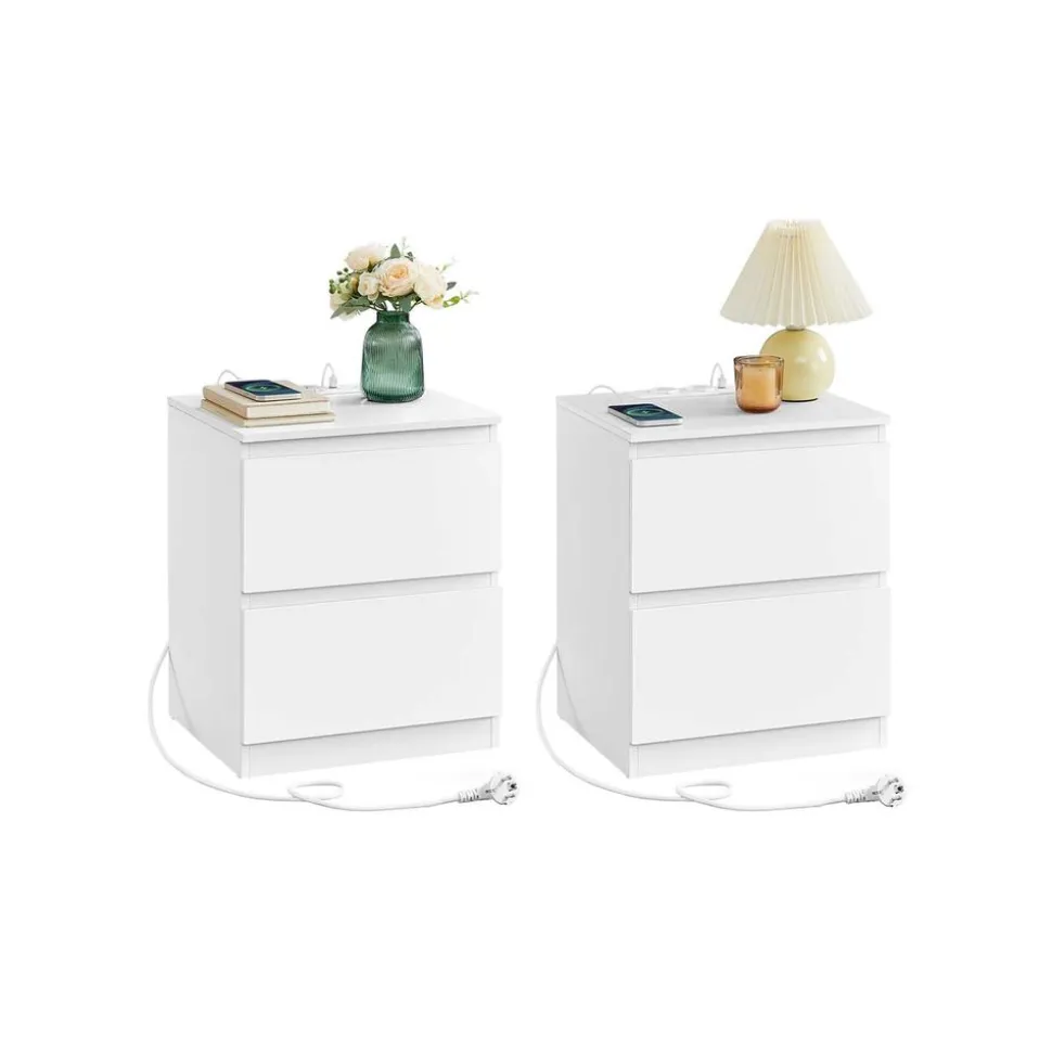 Table de chevet avec multiprise avec 2 tiroirs polyvalente blanc nuage