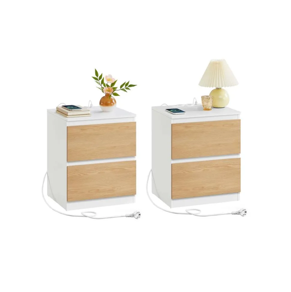 Table de chevet avec multiprise avec 2 tiroirs polyvalente blanc nuage