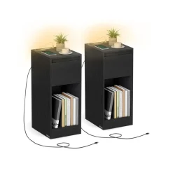 Table de chevet étroite avec LED ports USB tiroir