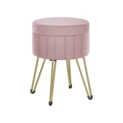 Tabouret rond en velours avec espace de rangement 4 pieds en métal rose bonbon