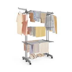Étendoir à linge à 4 niveaux avec roulettes pliable 63,5 x 125,5 x 173 cm gris tourterelle